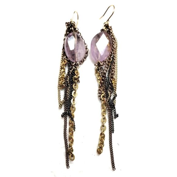 Vintage Boho 4" Long Earrings Amethyst Gemstone Chains Fringe Hippie Bohemian - Picture 1 of 3